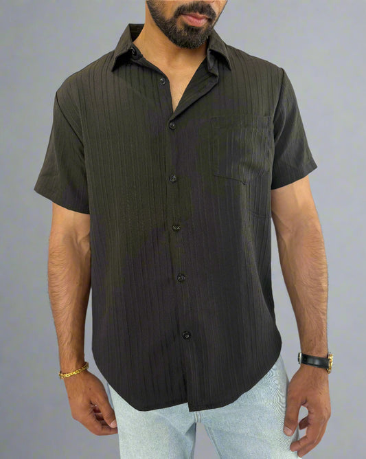Mens Summer Edge Short Sleeve Button Up Shirt in Black full front closeup