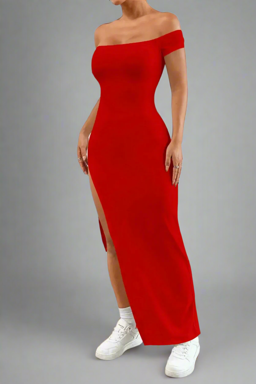 Off Shoulder Slit Maxi Dress Full FRont