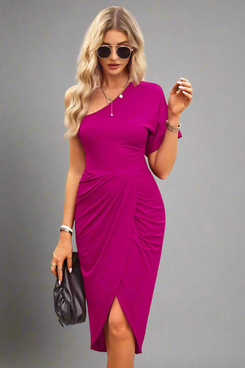 A woman is wearing. Ruched One-Shoulder Tulip Hem Dress
