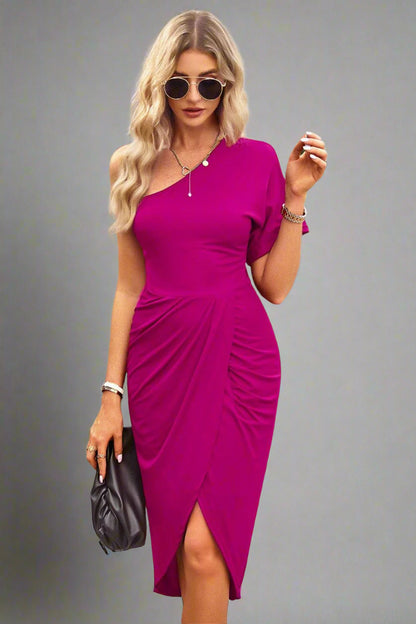 A woman is wearing. Ruched One-Shoulder Tulip Hem Dress
