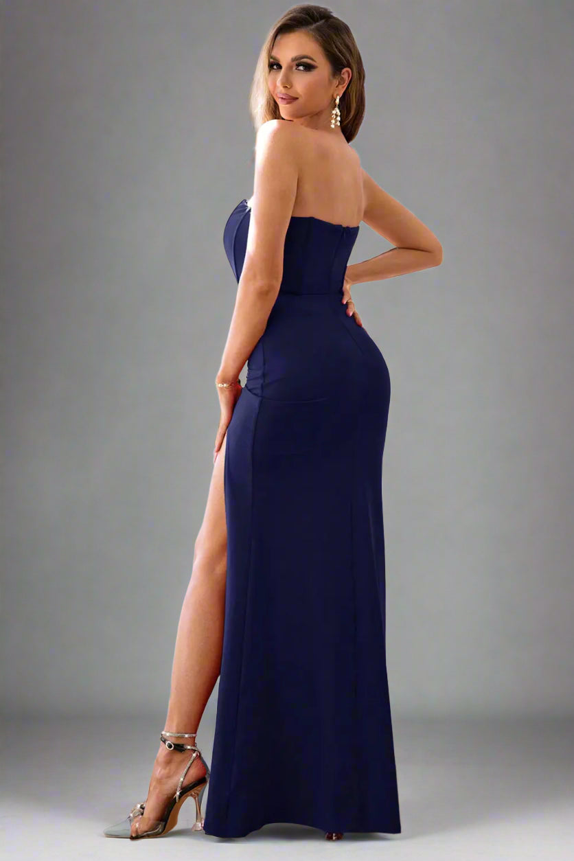 A woman is wearing Strapless Split Seam Detail Dress
