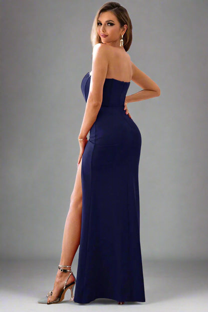 A woman is wearing Strapless Split Seam Detail Dress
