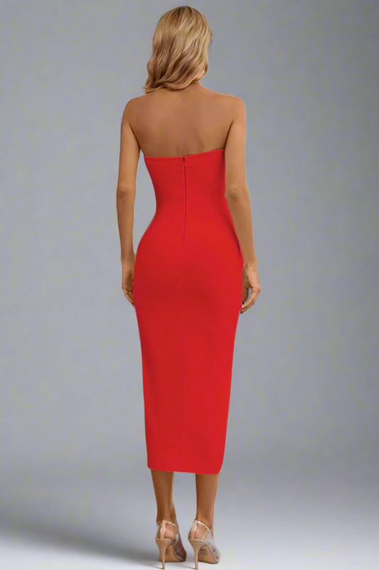 A woman is wearing The Bare Intentions Bandage Dress





