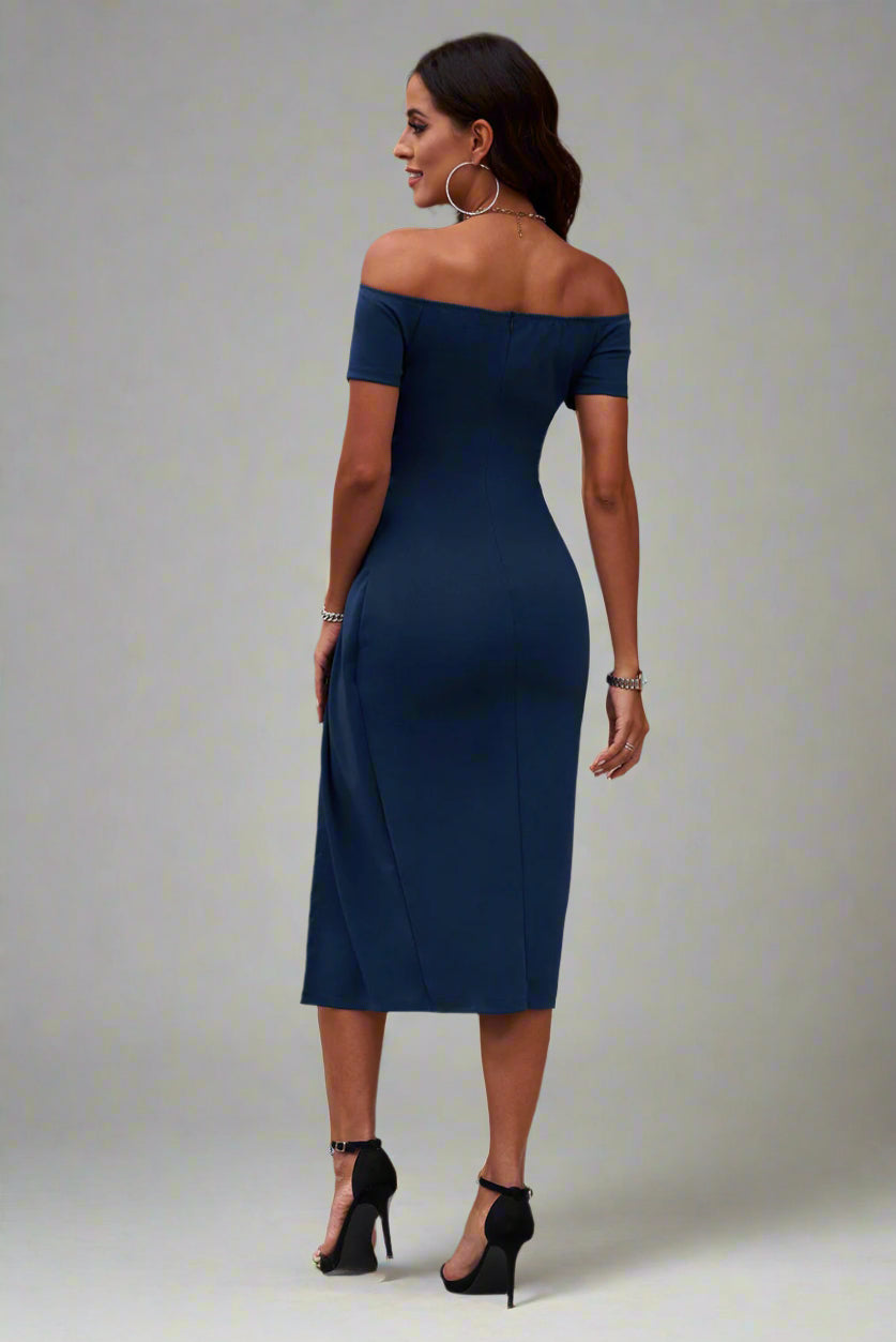 a woman is wearing a The Soft Serve Midi Off-Shoulder Split Dress

