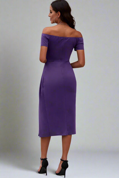 a woman is wearing The Soft Serve Midi Off-Shoulder Split Dress Purple