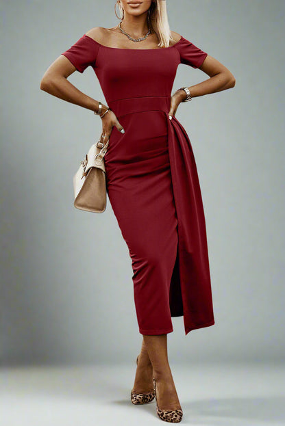woman is wearing The Soft Serve Midi Off-Shoulder Split Dress
