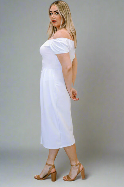 a woman is wearing The Soft Serve Midi Off-Shoulder Split Dress White