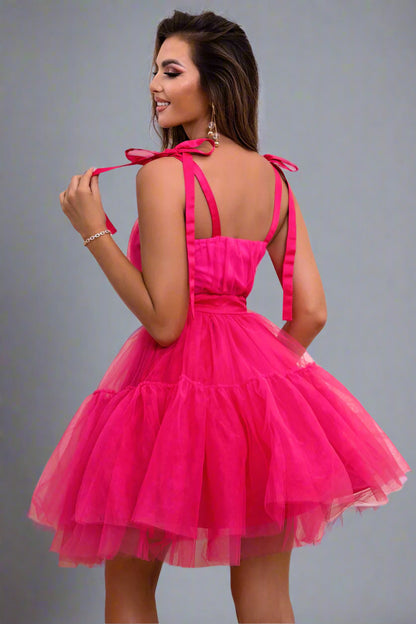 a woman is wearing Tie-Shoulder Mesh Dress

