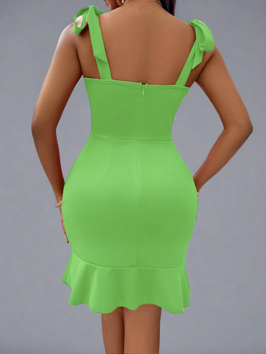 Green Midi, Ruffled wedding guest dress - Tie-Shoulder Sweetheart Neck Ruffled Dress by Love Supplies Store