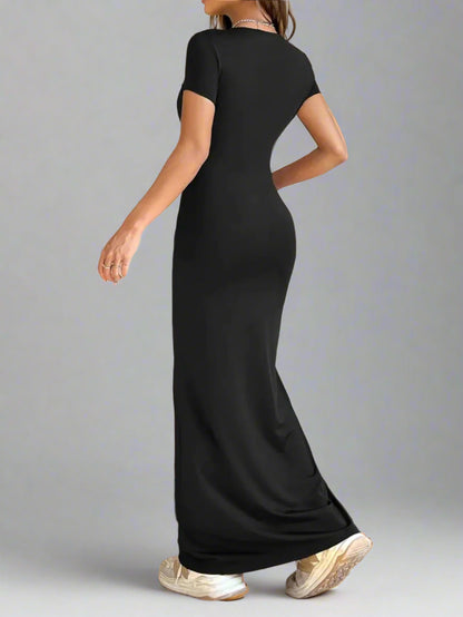 A woman is wearing Time For Spring Short Sleeve Maxi Tee Dress
