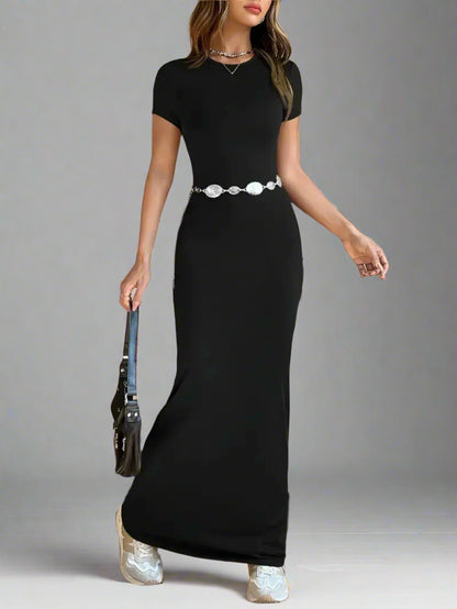 A woman is wearing Time For Spring Short Sleeve Maxi Tee Dress
