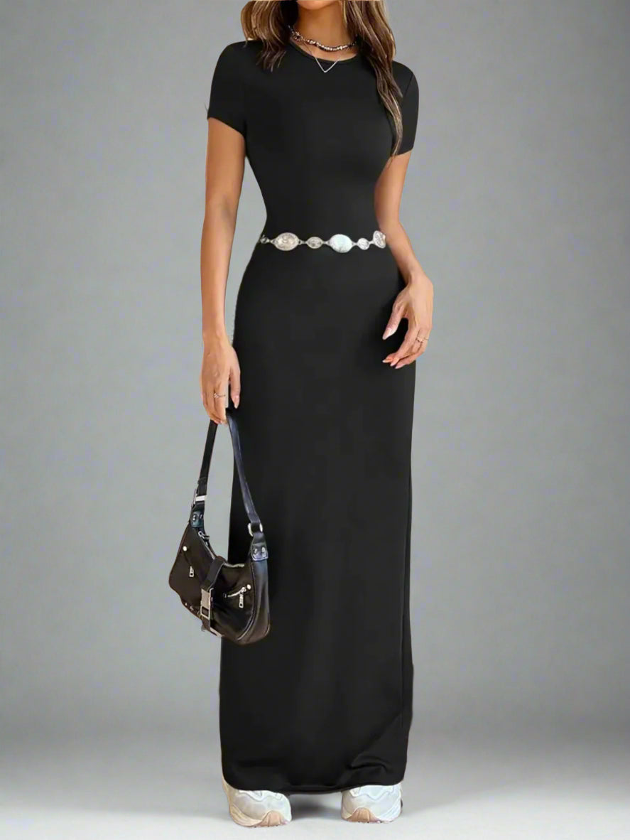 a woman is wearing Time For Spring Short Sleeve Maxi Tee Dress
