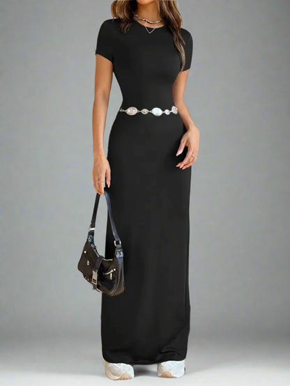 a woman is wearing Time For Spring Short Sleeve Maxi Tee Dress
