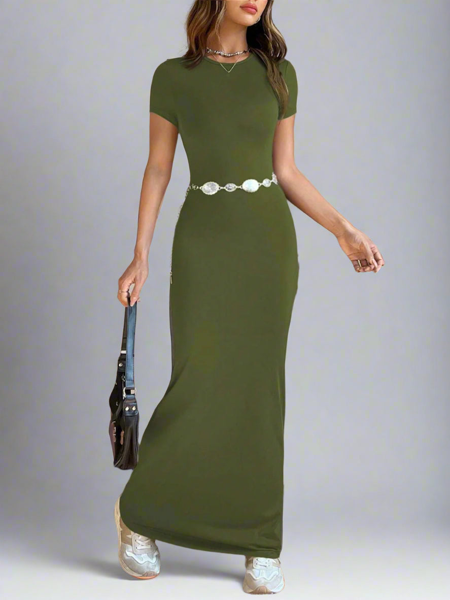 A woman is working Time For Spring Short Sleeve Maxi Tee Dress
