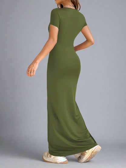 A woman is wearing Time For Spring Short Sleeve Maxi Tee Dress
