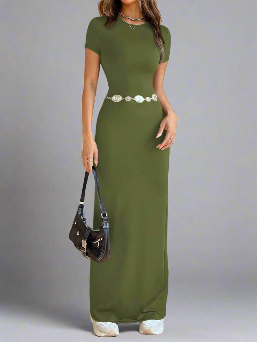 A woman is wearing Time For Spring Short Sleeve Maxi Tee Dress
