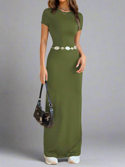 A woman is wearing Time For Spring Short Sleeve Maxi Tee Dress
