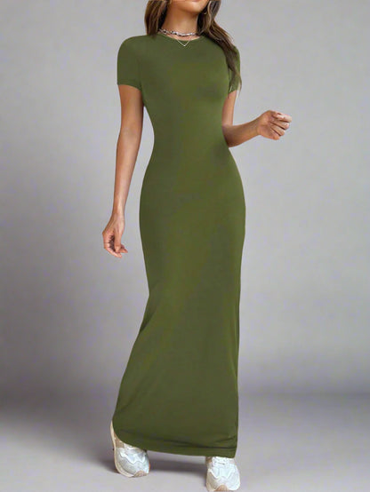 A woman is wearing Time For Spring Short Sleeve Maxi Tee Dress
