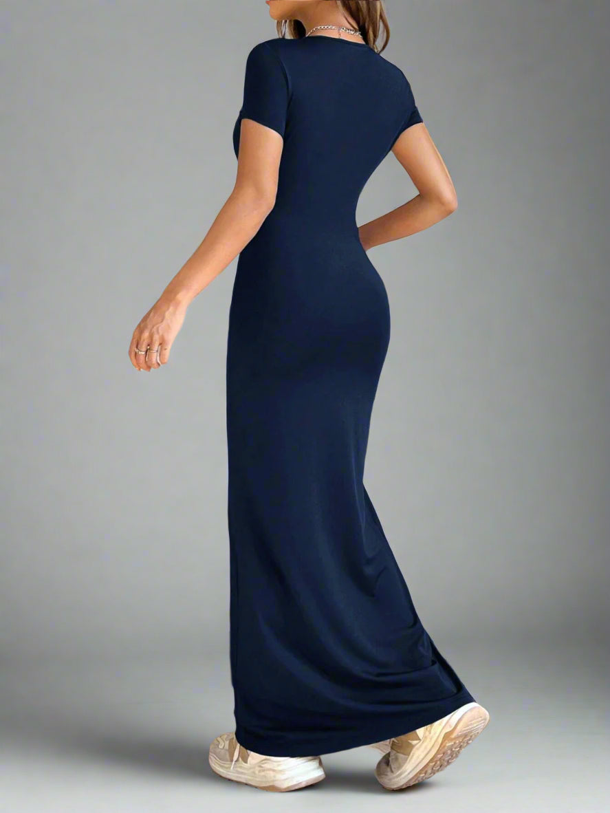 a woman is wearing Time For Spring Short Sleeve Maxi Tee Dress
