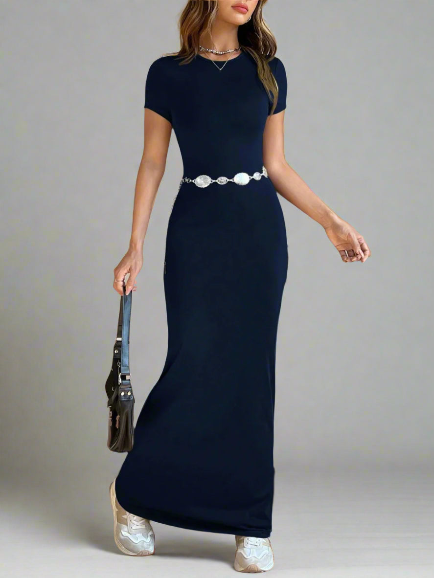 a woman is wearing Time For Spring Short Sleeve Maxi Tee Dress
