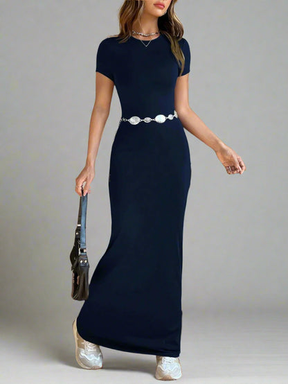 a woman is wearing Time For Spring Short Sleeve Maxi Tee Dress
