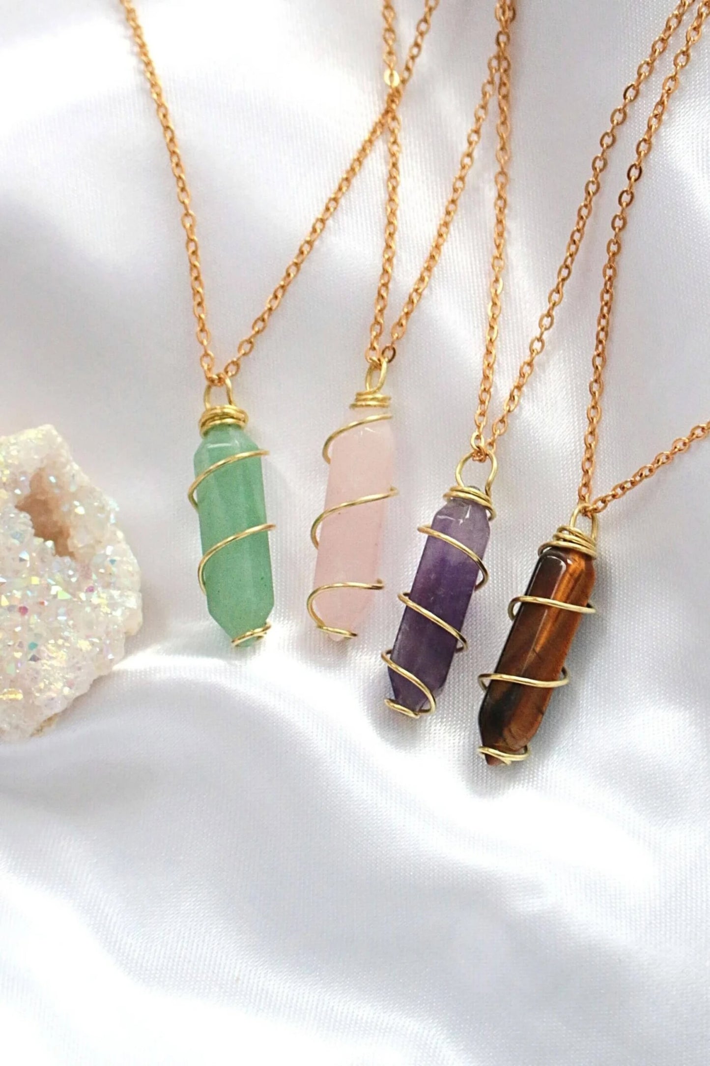 18 Karat Double Ended Natural Healing Crystals Hand Wired Necklace