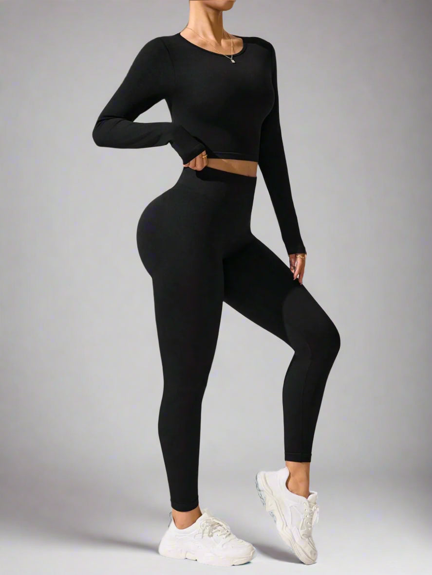 The Lola Lace-Up Back Top & Leggins Activewear Set in Jet Black